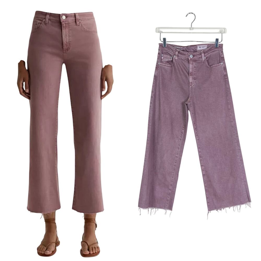AG | Saige Mauve Mid Rise Raw Hem Japanese Denim Designer Wide Leg Crop Jeans 29